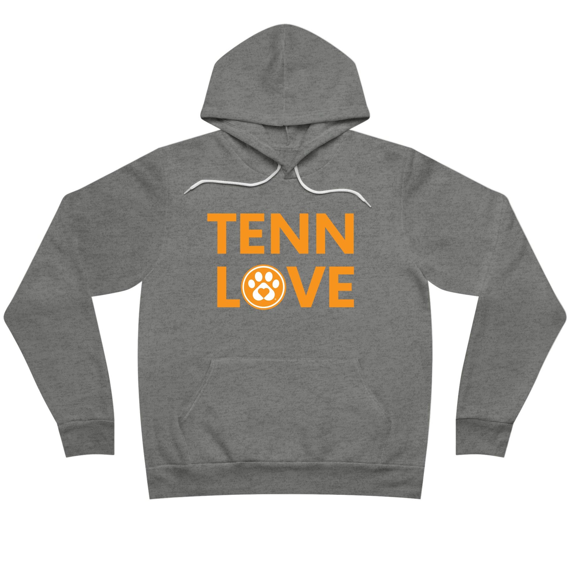 Deep heather gray hoodie sweatshirt that has Tenn Love in bright Tennessee orange text. The O in Love has a white paw print.