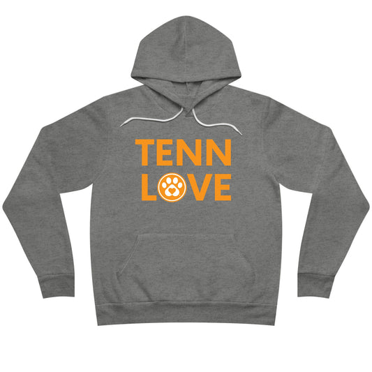 Deep heather gray hoodie sweatshirt that has Tenn Love in bright Tennessee orange text. The O in Love has a white paw print.