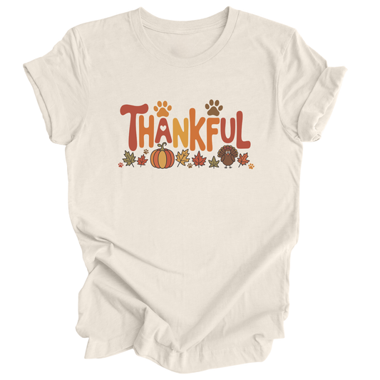 Natural color shirt with Thankful in whimsical font with fall themed and pet themed icons