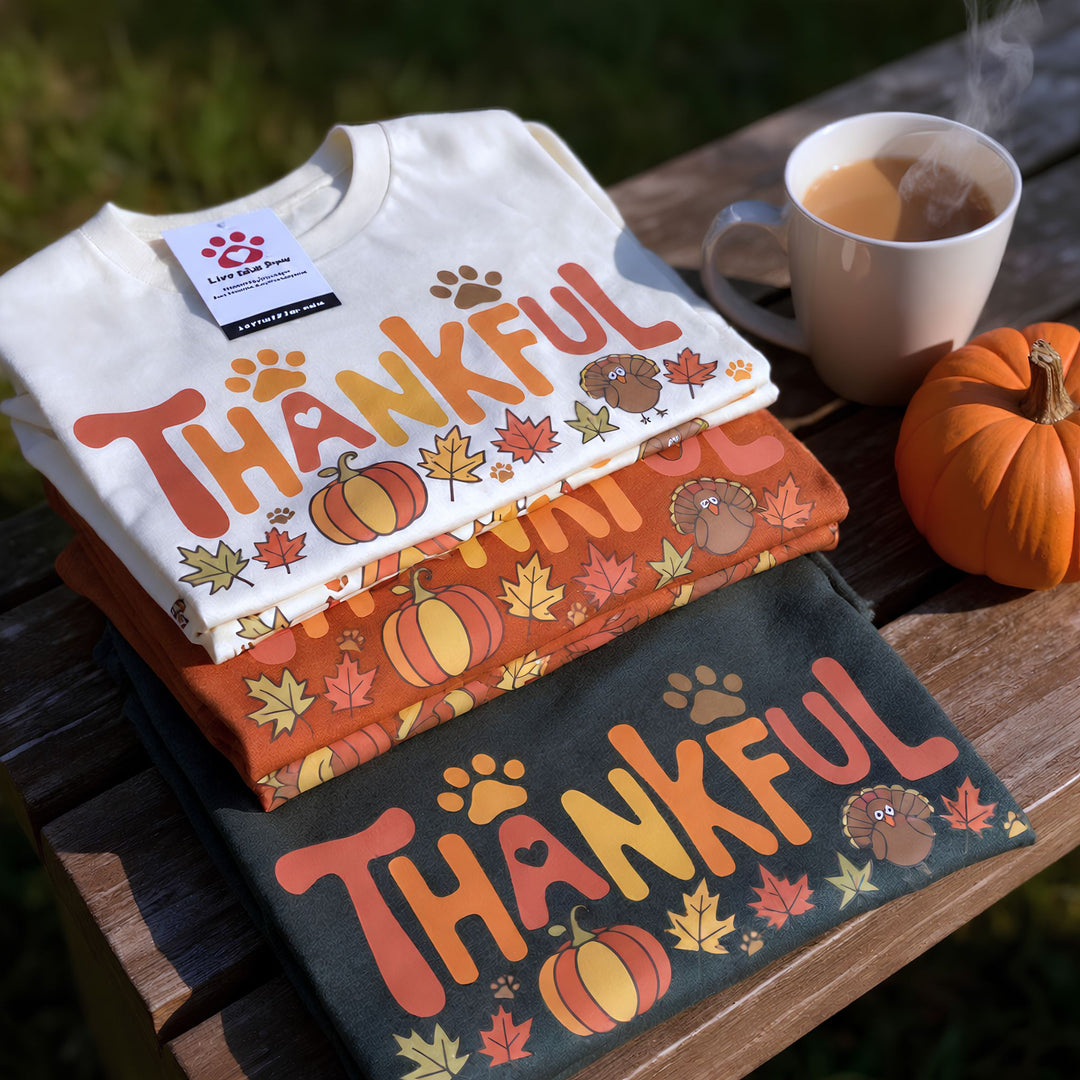 Cream, orange and green Thankful t-shirts folded outdoors beside a coffee mug and pumpkin
