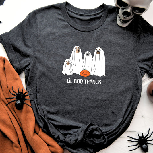 Flatlay Dark Gray Heather Halloween Shirt featuring a group of dogs dressed in ghost costumes