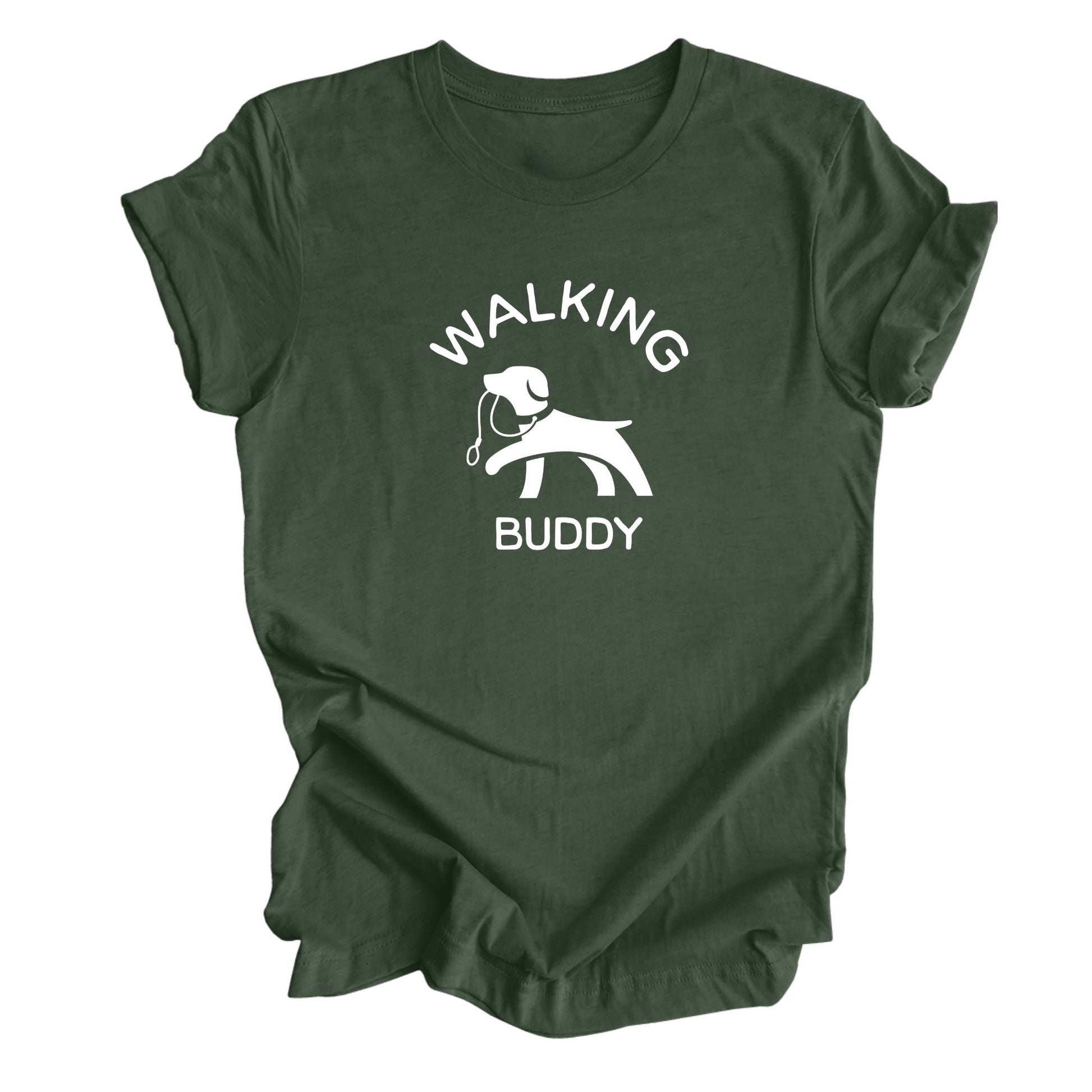 Heather Forest Shirt with Dog holding a leash graphic on 'Walking Buddy' t-shirt for pet lovers