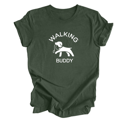 Heather Forest Shirt with Dog holding a leash graphic on 'Walking Buddy' t-shirt for pet lovers