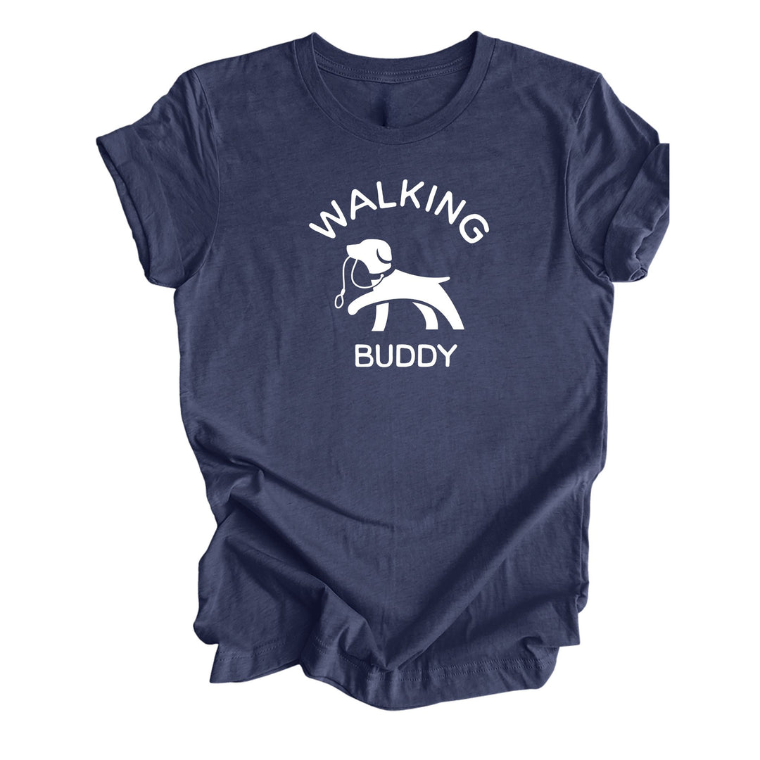 Heather Navy Shirt with Dog holding a leash graphic on 'Walking Buddy' t-shirt for pet lovers