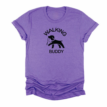 Heather Purple Shirt with Dog holding a leash graphic on 'Walking Buddy' t-shirt for pet lovers