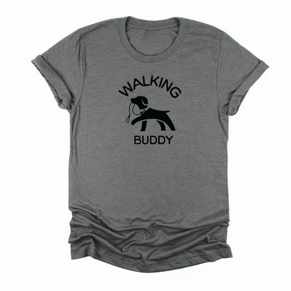 Heather Gray Shirt with Dog holding a leash graphic on 'Walking Buddy' t-shirt for pet lovers