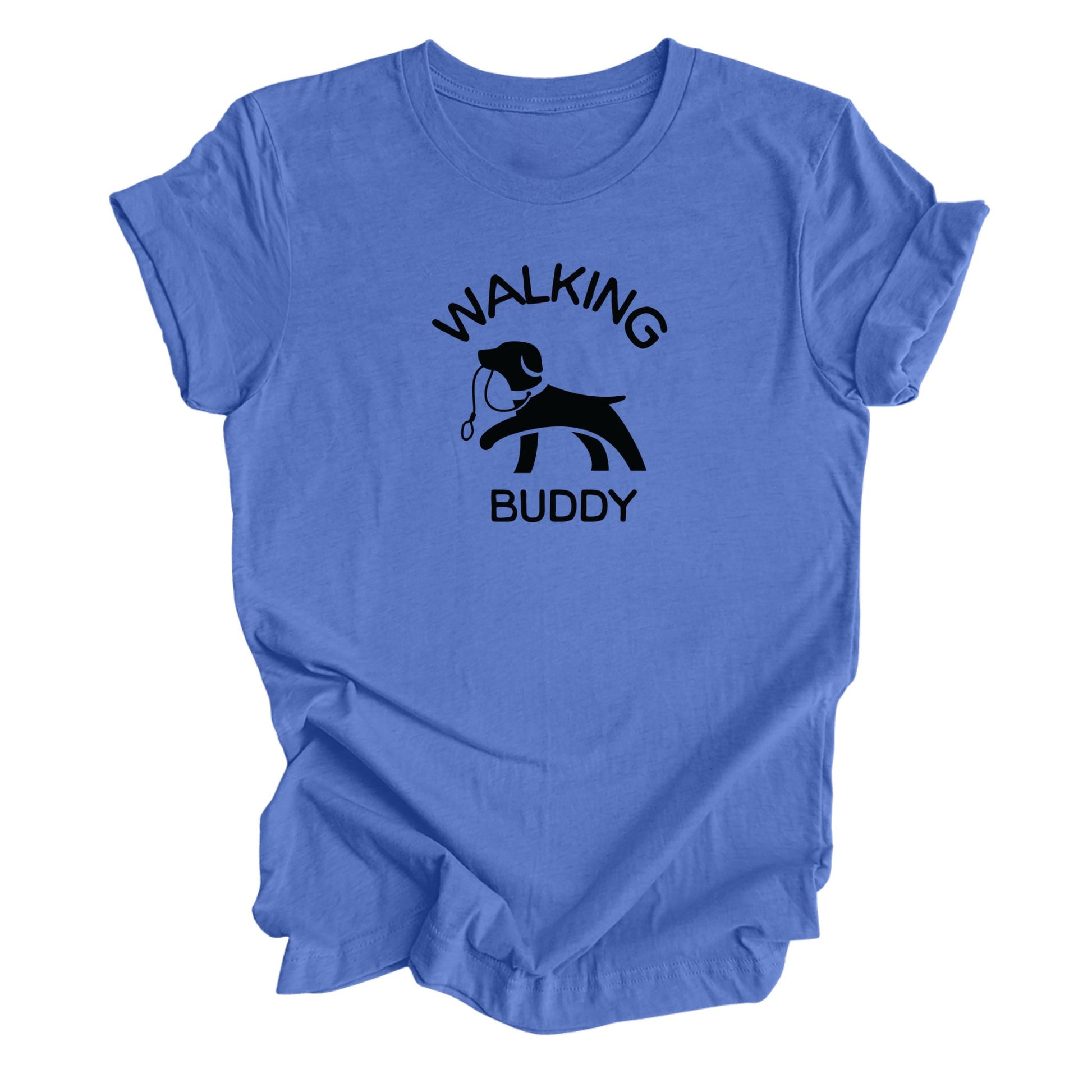 Blue shirt featuring a dog with a leash with the text walking buddy