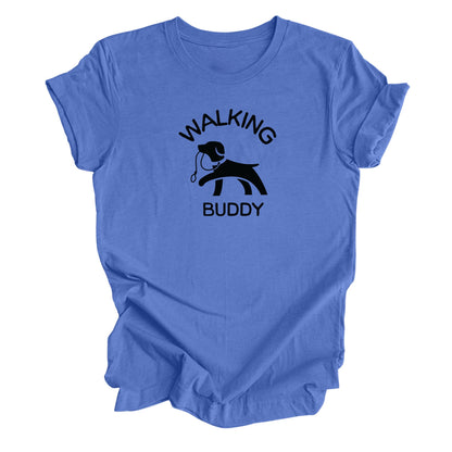 Blue shirt featuring a dog with a leash with the text walking buddy