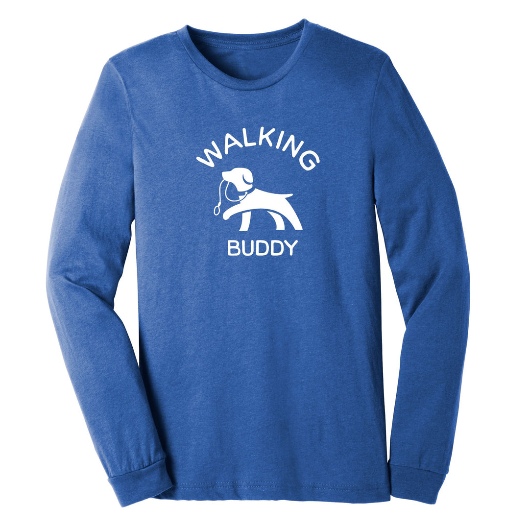 Heather Royal long-sleeve shirt with a white dog holding a leash in its mouth with text above and below " Walking Buddy"