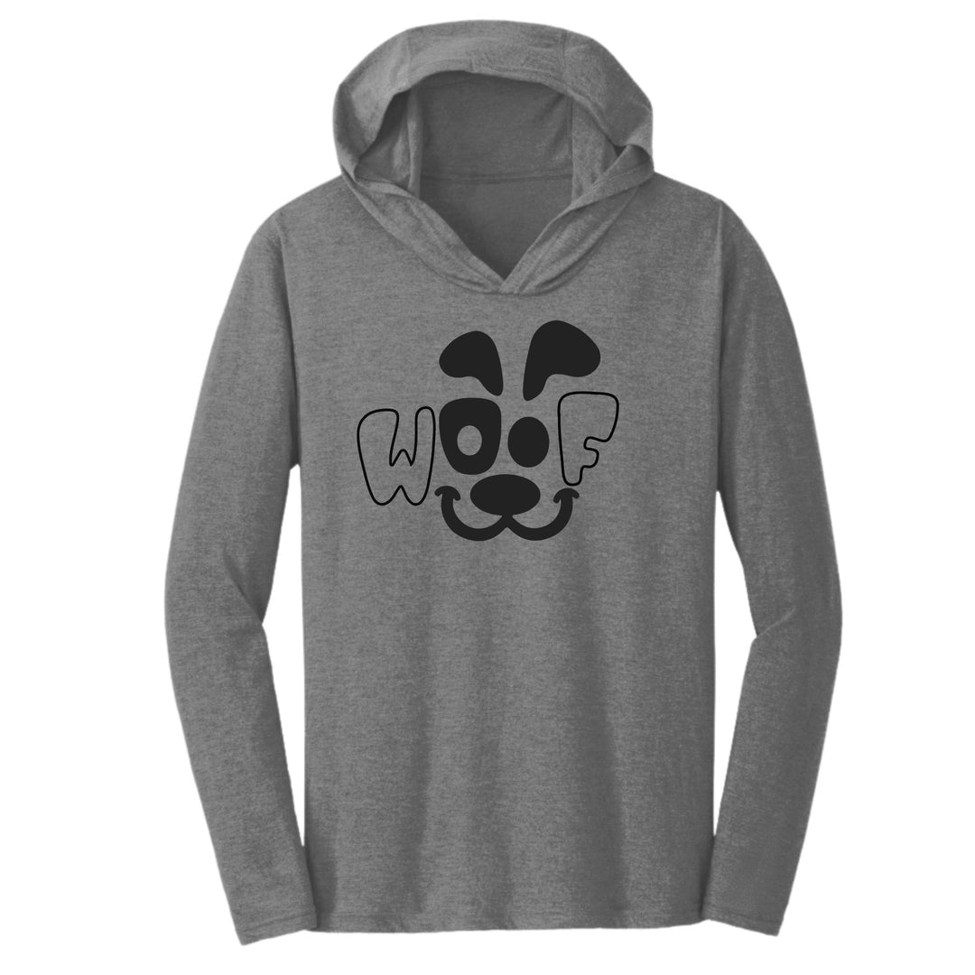 Grey hoodie designed for pet parents. It has Woof with a dog face in the middle. 