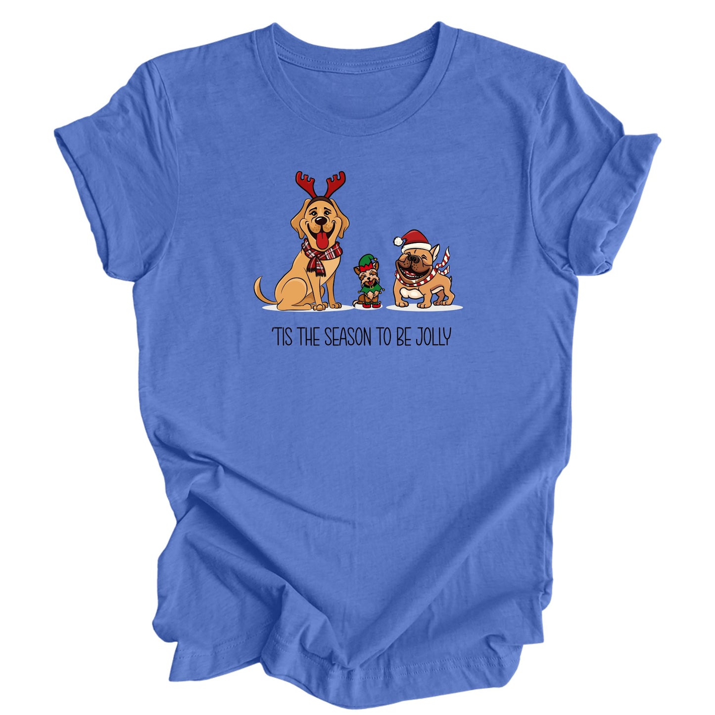 Heather columbia blue shirt featuring 3  dogs dressed in Christmas gear. Underneath the dogs is text "Tis the season to be jolly".