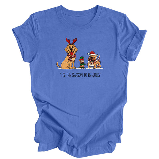 Heather columbia blue shirt featuring 3  dogs dressed in Christmas gear. Underneath the dogs is text "Tis the season to be jolly".
