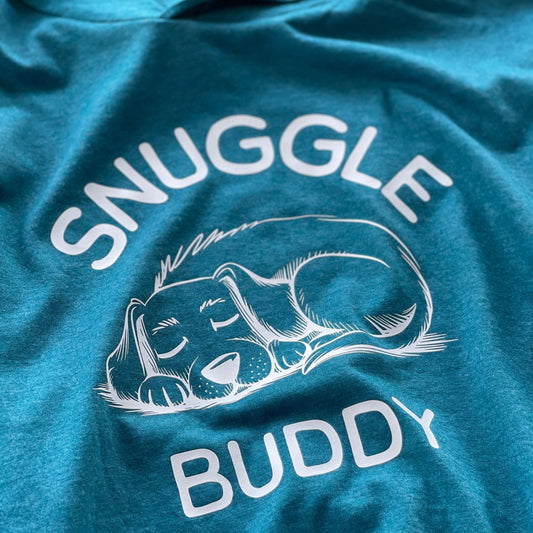 heather teal triblend t-shirt hoodie with a dog curled up sleeping with text 'Snuggle Buddy'