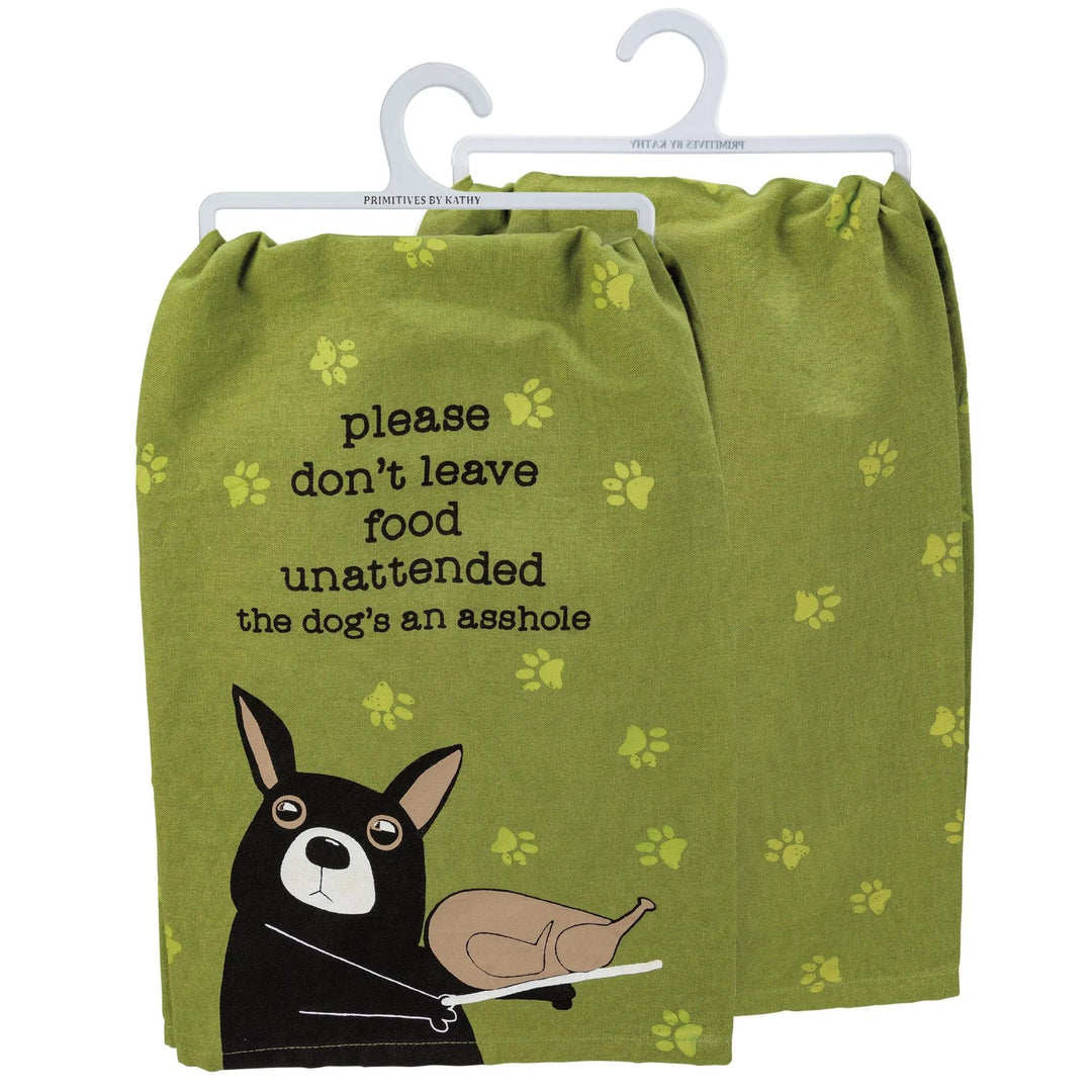 “Please Don’t Leave Food Unattended” funny dog kitchen towel
