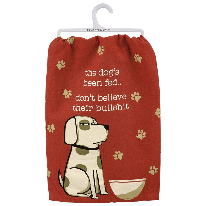 unny dog kitchen towel that says “The Dog’s Been Fed”