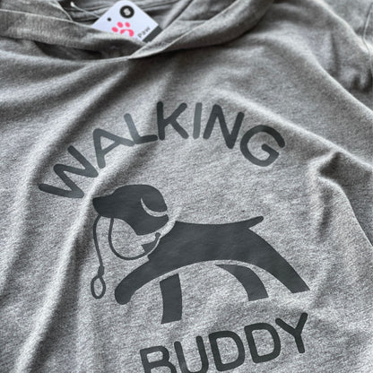 Hoodie for dog owner that says 'walking buddy' in text and in the middle a dog holding a leash in its mouth