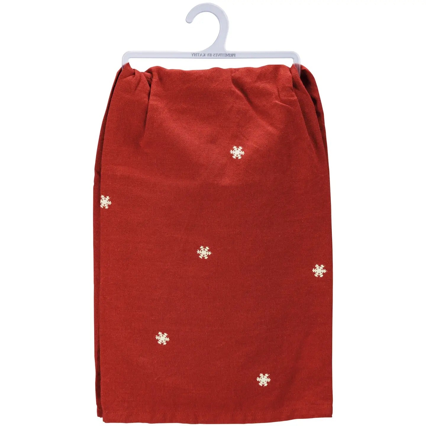 Backside of rustic red cotton kitchen towel.