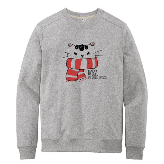 Baby It's Cold Outside |Sweatshirt in gray. In has a cat with a scarf around its neck.