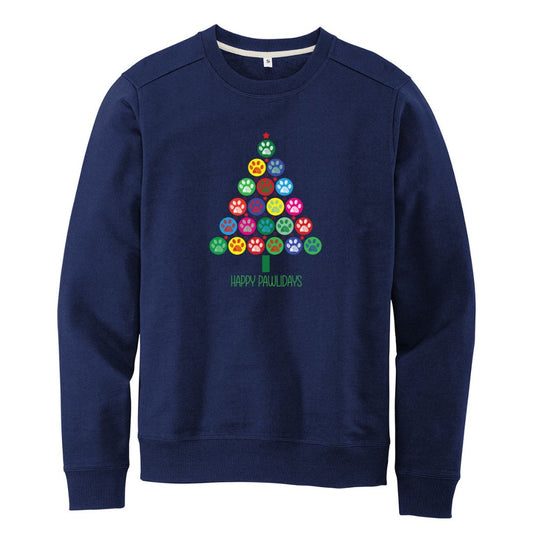 Navy sweatshirt featuring a colorful Christmas tree made of paw prints with the text "Happy Pawlidays" in green font.