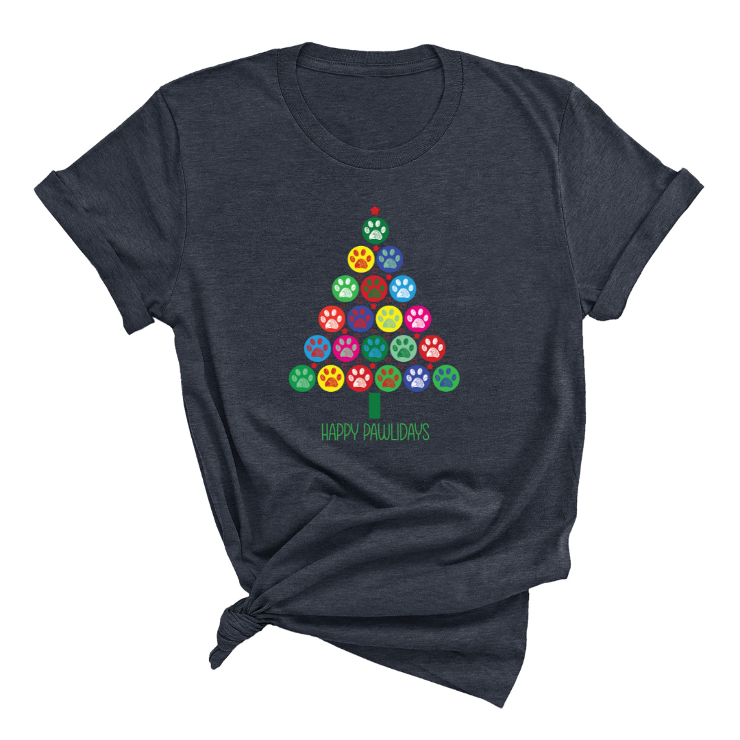 Navy Blue t-shirt featuring a colorful Christmas tree made of paw prints with green text  of "Happy Pawlidays".