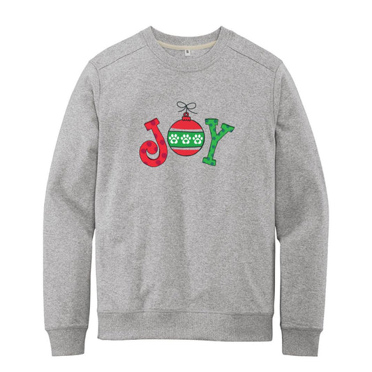 Athletic gray sweatshirtwith 'Joy' in a whimsical text and the "O" is an ornament with paw prints. Perfect for the holiday loving pet owner.