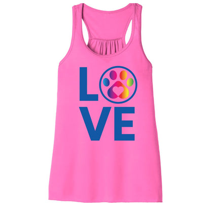 Women’s Rainbow LOVE tank top in neon pink with colorful rainbow and paw print design, soft, flowy lightweight racerback style.