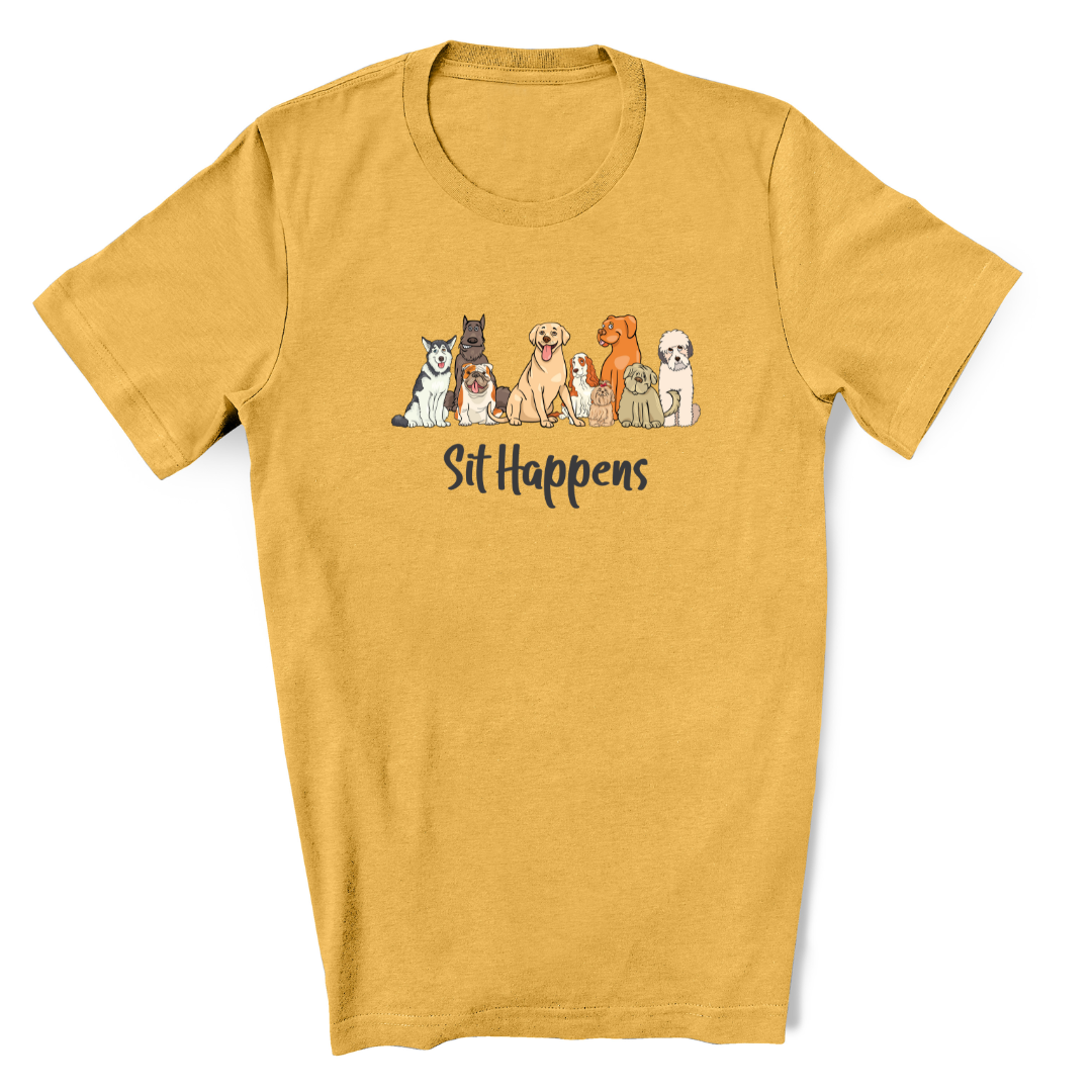 Heather mustard t-shirt that has 9 different dog breeds sitting with "Sit Happens" below it.