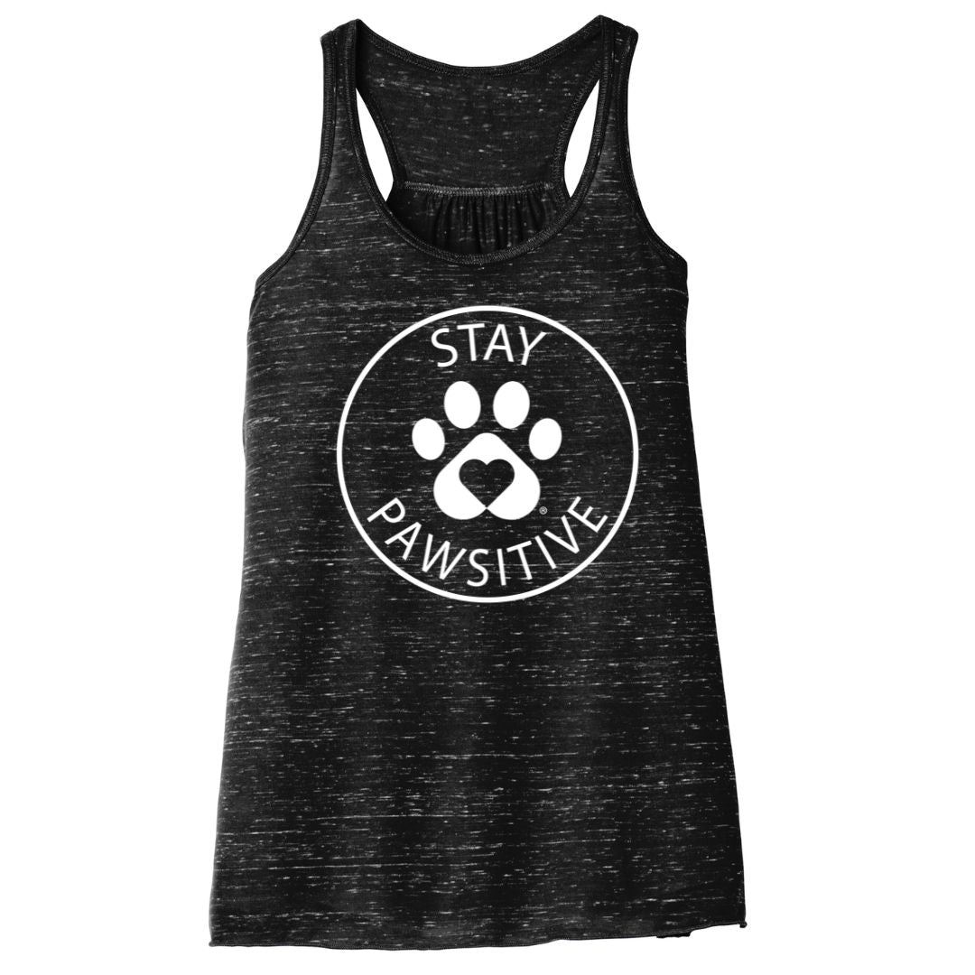 Women’s Stay Pawsitive tank top in black marble. It features the Luv the Paw Logo paw print with heart and Stay Pawsitive Text - lightweight racerback style perfect for yoga and pet lovers.